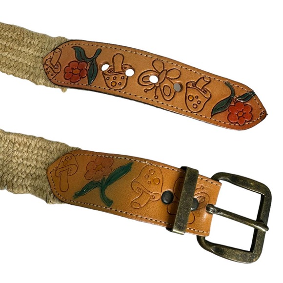 Vintage Tooled Leather Elastic Waist Belt 27-31 Mushroom Flower Butterfly Boho - Picture 5 of 6